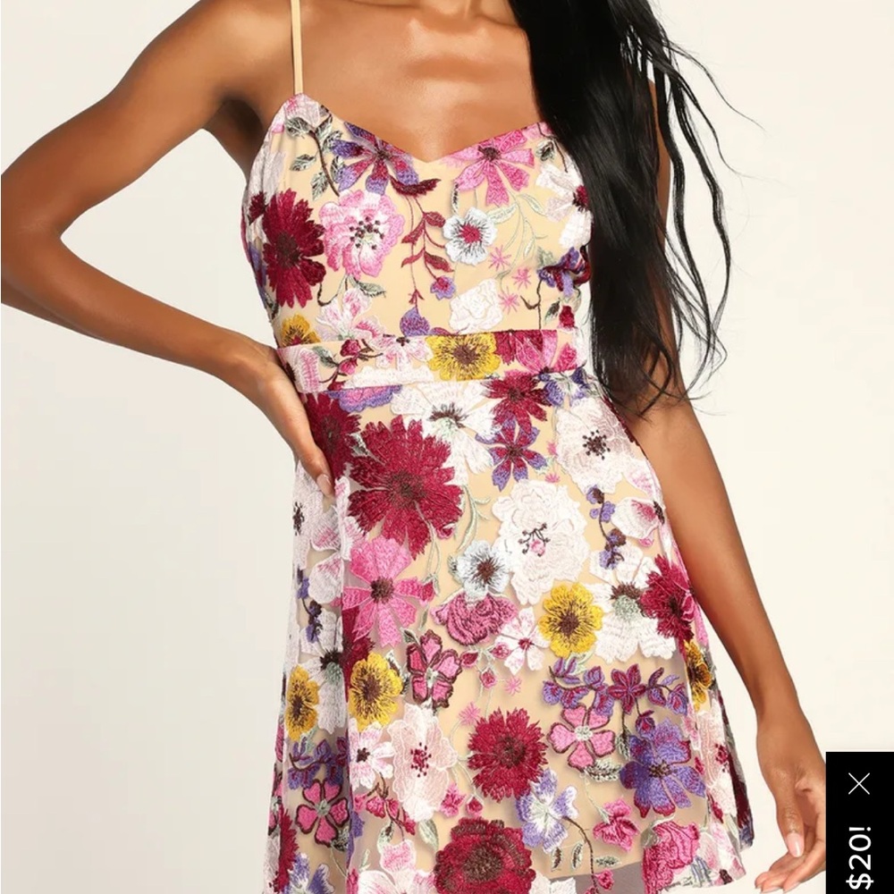 Lulu's flower embroidered Spaghetti Strap Sundress for any occasion